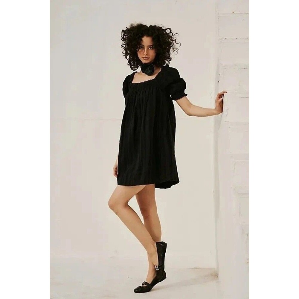 Free People Est Mila Mini Dress Smocked Puff Sleeve Shift Black XS 285477 - Picture 2 of 8